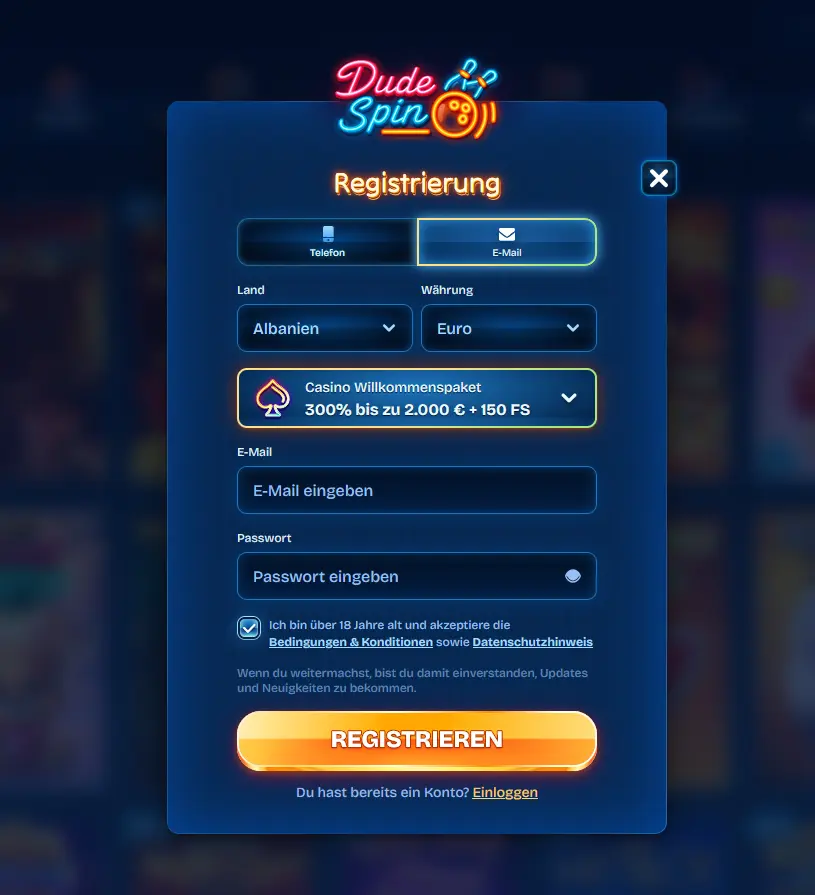 Registrierungsformular im Dudespin Casino