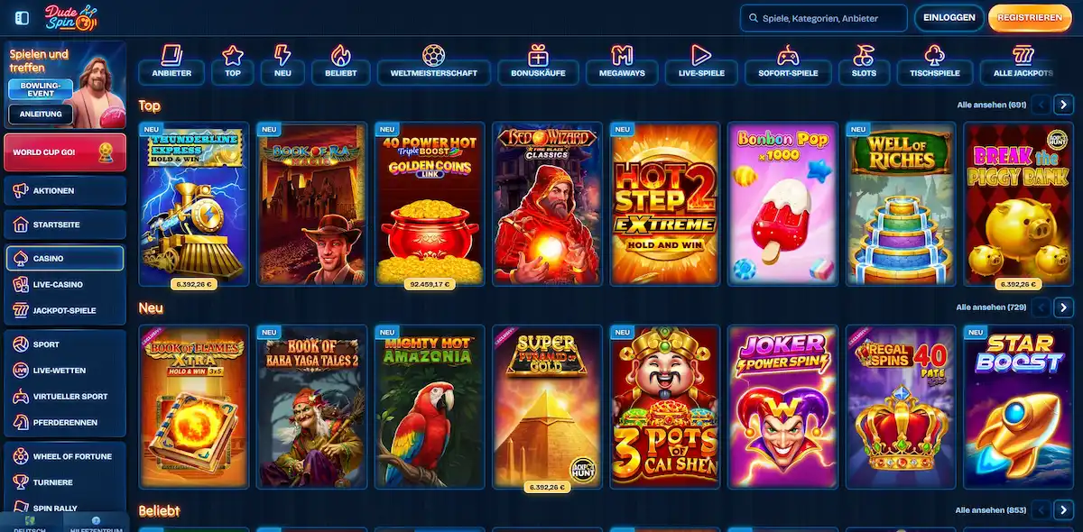 Spiele-Lobby im Dudespin Casino