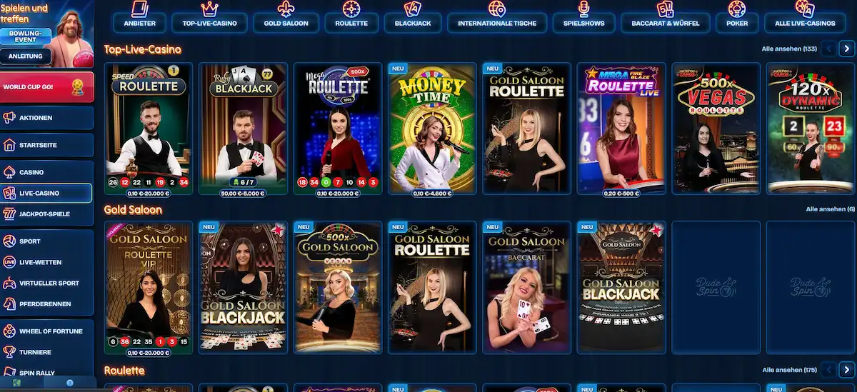Live-Casino-Lobby bei Dudespin