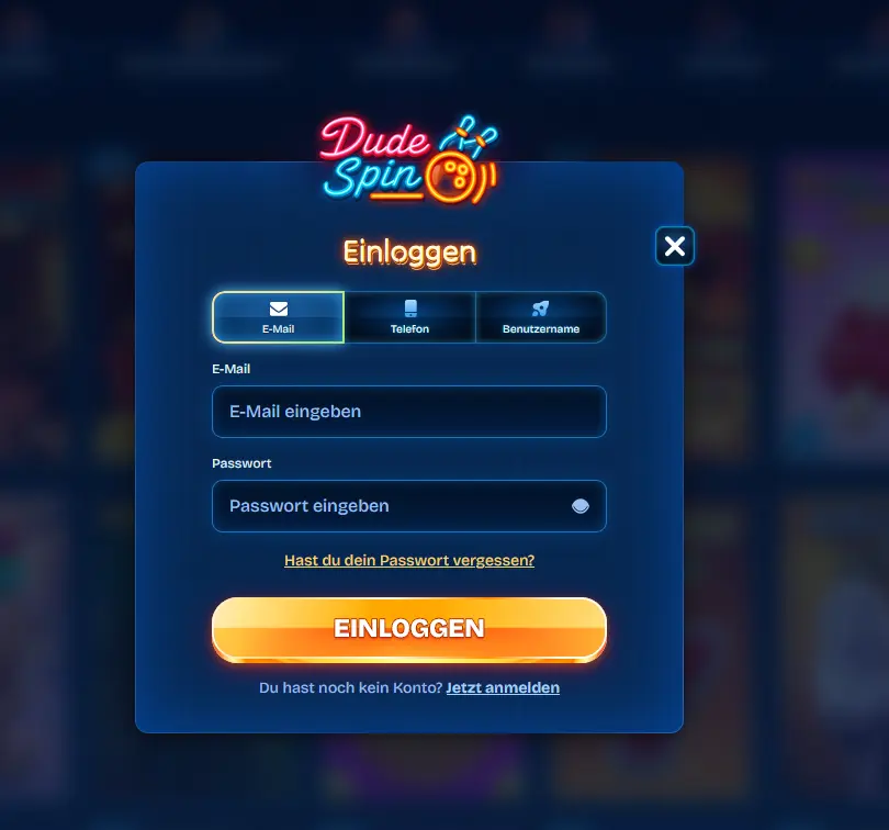 Login-Fenster bei Dudespin
